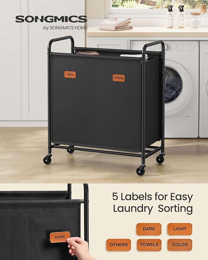 SONGMICS 2-Section Laundry Sorter, Laundry Hamper with Wheels, Rolling Clothes Hamper Cart with Large Capacity and Removable Bags, for Laundry Room, Bedroom, Bathroom, Ink Black URLS210B01 - Image 3