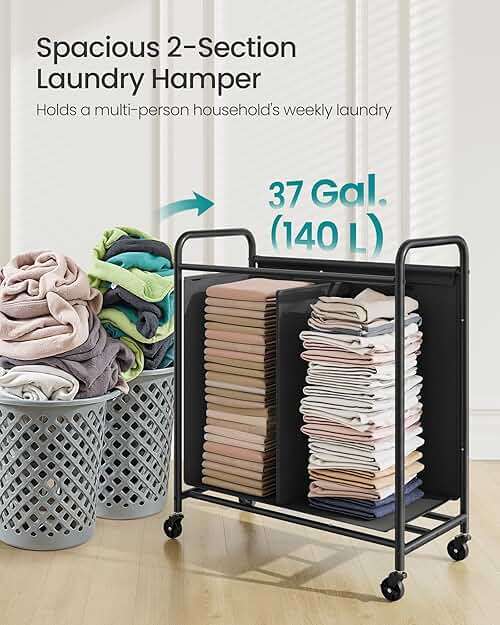 SONGMICS 2-Section Laundry Sorter, Laundry Hamper with Wheels, Rolling Clothes Hamper Cart with Large Capacity and Removable Bags, for Laundry Room, Bedroom, Bathroom, Ink Black URLS210B01 - Image 4