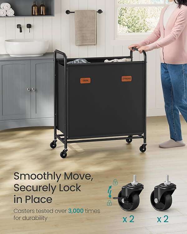 SONGMICS 2-Section Laundry Sorter, Laundry Hamper with Wheels, Rolling Clothes Hamper Cart with Large Capacity and Removable Bags, for Laundry Room, Bedroom, Bathroom, Ink Black URLS210B01 - Image 5