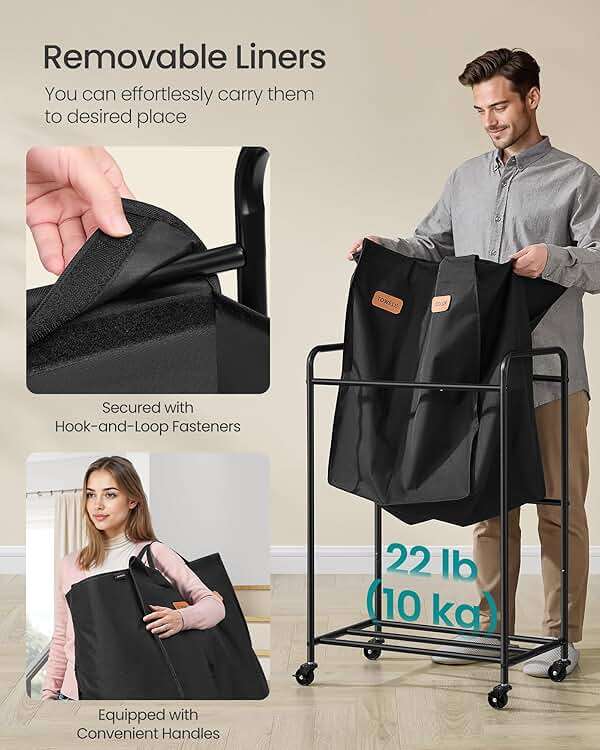 SONGMICS 2-Section Laundry Sorter, Laundry Hamper with Wheels, Rolling Clothes Hamper Cart with Large Capacity and Removable Bags, for Laundry Room, Bedroom, Bathroom, Ink Black URLS210B01 - Image 6