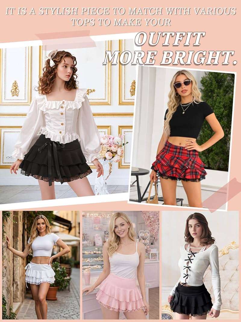 Monbessi Mini Skirt for Women Ruffle Skirt Lace Pleated Goth Short Skirt Halloween Sexy Skirts Two Layer - Image 2
