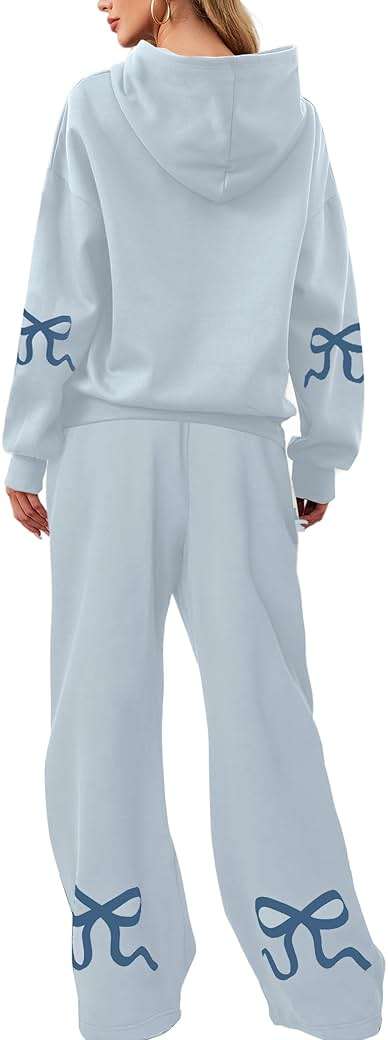 Livtany Women's 2 Piece Outfits Bow Trim Print Hoodie Sweatsuit Sets Oversized Sweatshirt Wide Leg Sweatpants With Pockets - Image 1