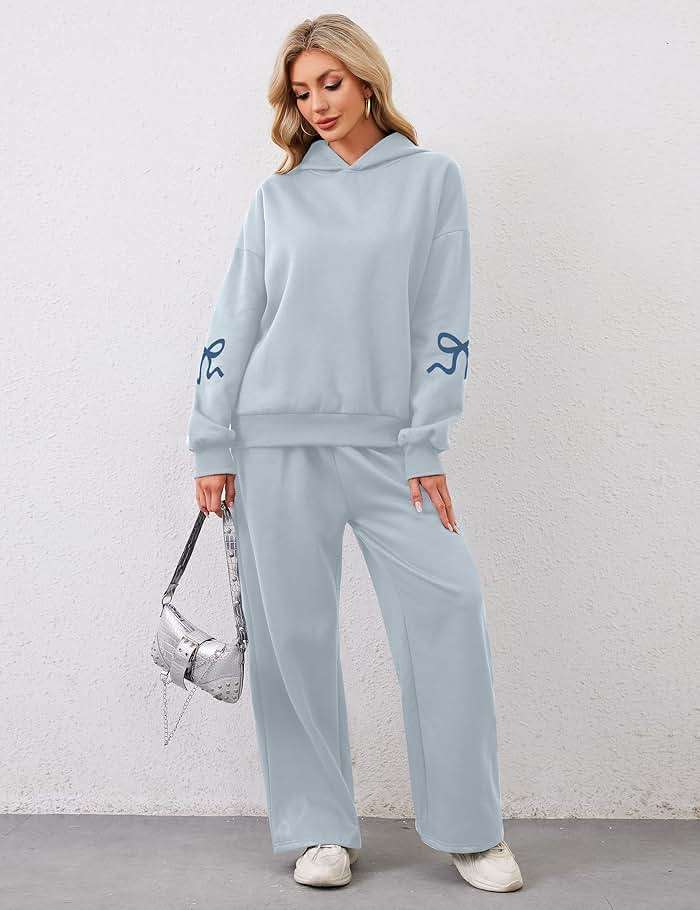 Livtany Women's 2 Piece Outfits Bow Trim Print Hoodie Sweatsuit Sets Oversized Sweatshirt Wide Leg Sweatpants With Pockets - Image 2