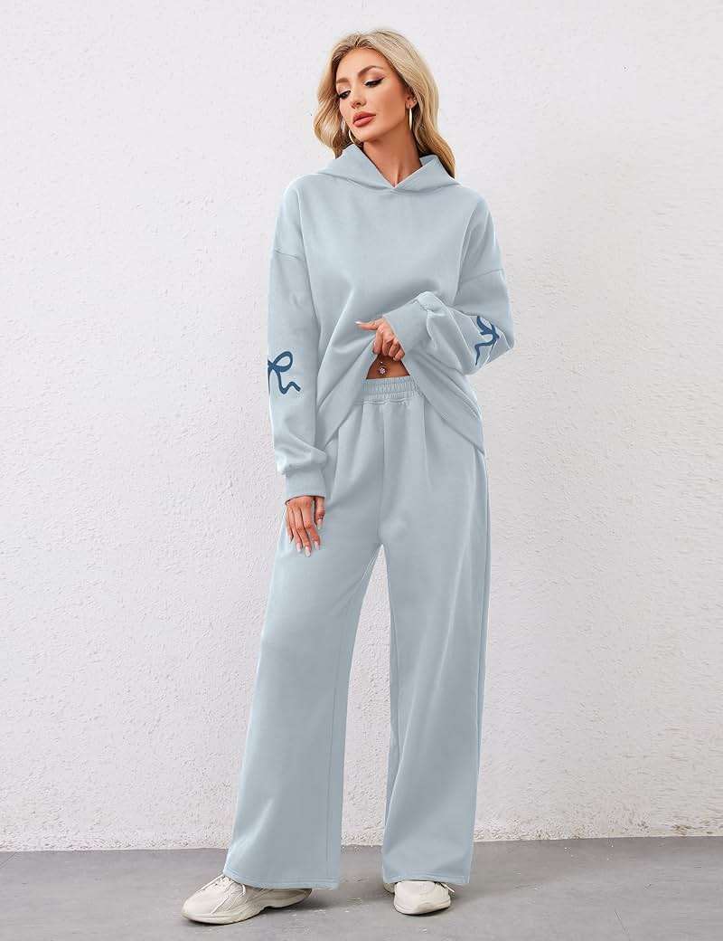 Livtany Women's 2 Piece Outfits Bow Trim Print Hoodie Sweatsuit Sets Oversized Sweatshirt Wide Leg Sweatpants With Pockets - Image 3