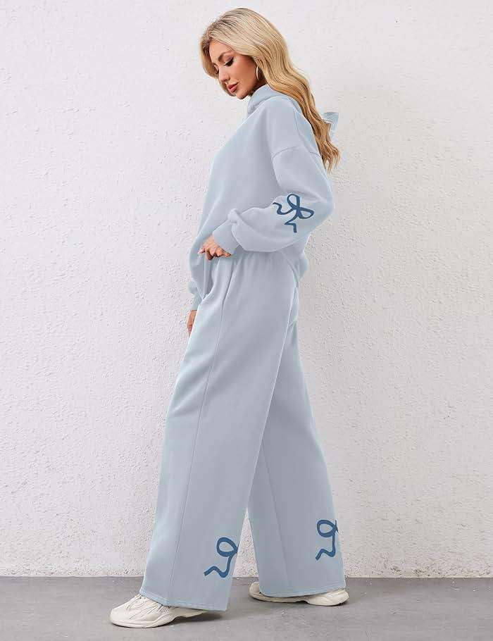 Livtany Women's 2 Piece Outfits Bow Trim Print Hoodie Sweatsuit Sets Oversized Sweatshirt Wide Leg Sweatpants With Pockets - Image 4