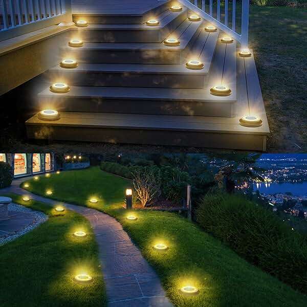 Flacchi Solar Lights Outdoor Waterproof - 2-in-1 Solar Powered Ground Lights Outdoor Solar Disk Light Landscape Light for Deck Step Patio Yard Pathway Walkway Driveway Garden (Warm White, 12 Pack) - Image 6