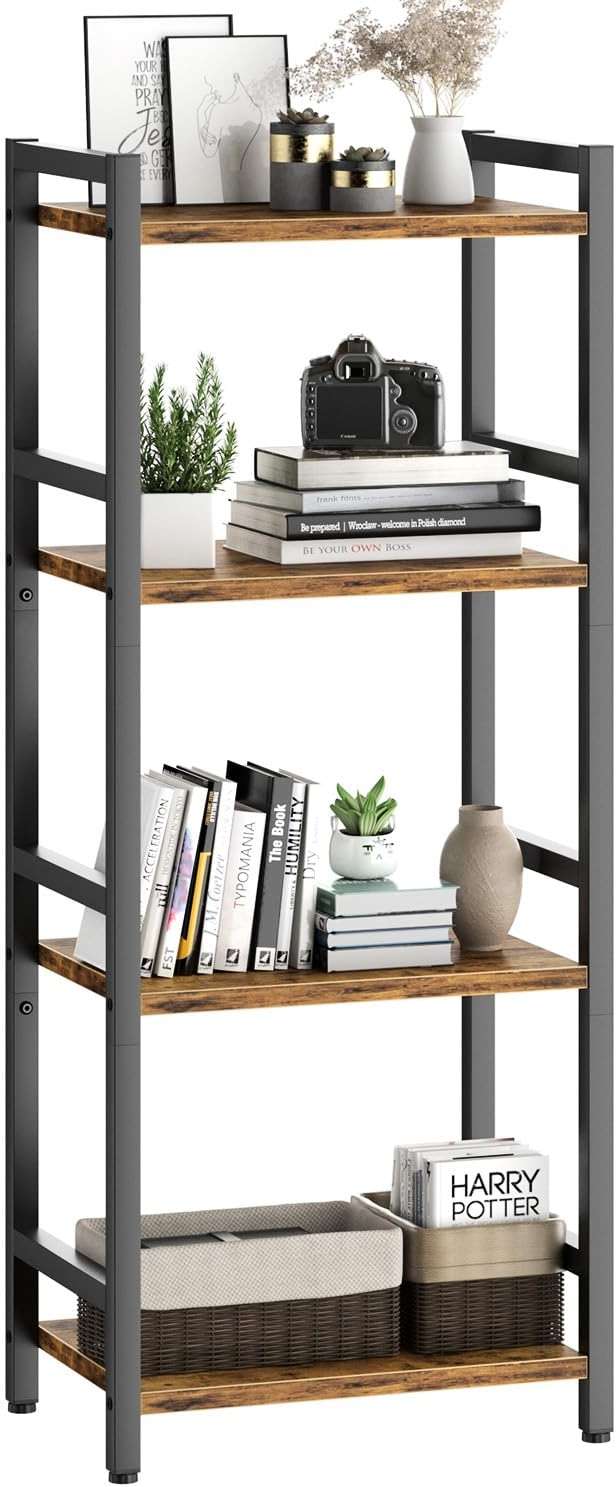 Book Shelf, 4 Tier Bookcase with Steel Frame, Stable Bookshelf Narrow Book Shelves Storage Organizer for Book CD Movie, Open Bookshelves for Living Room, Home Office, Study, Rustic Brown - Image 1