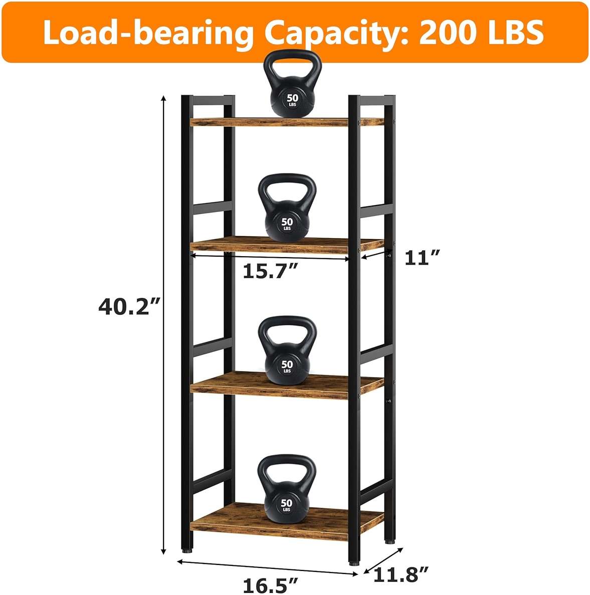 Book Shelf, 4 Tier Bookcase with Steel Frame, Stable Bookshelf Narrow Book Shelves Storage Organizer for Book CD Movie, Open Bookshelves for Living Room, Home Office, Study, Rustic Brown - Image 2