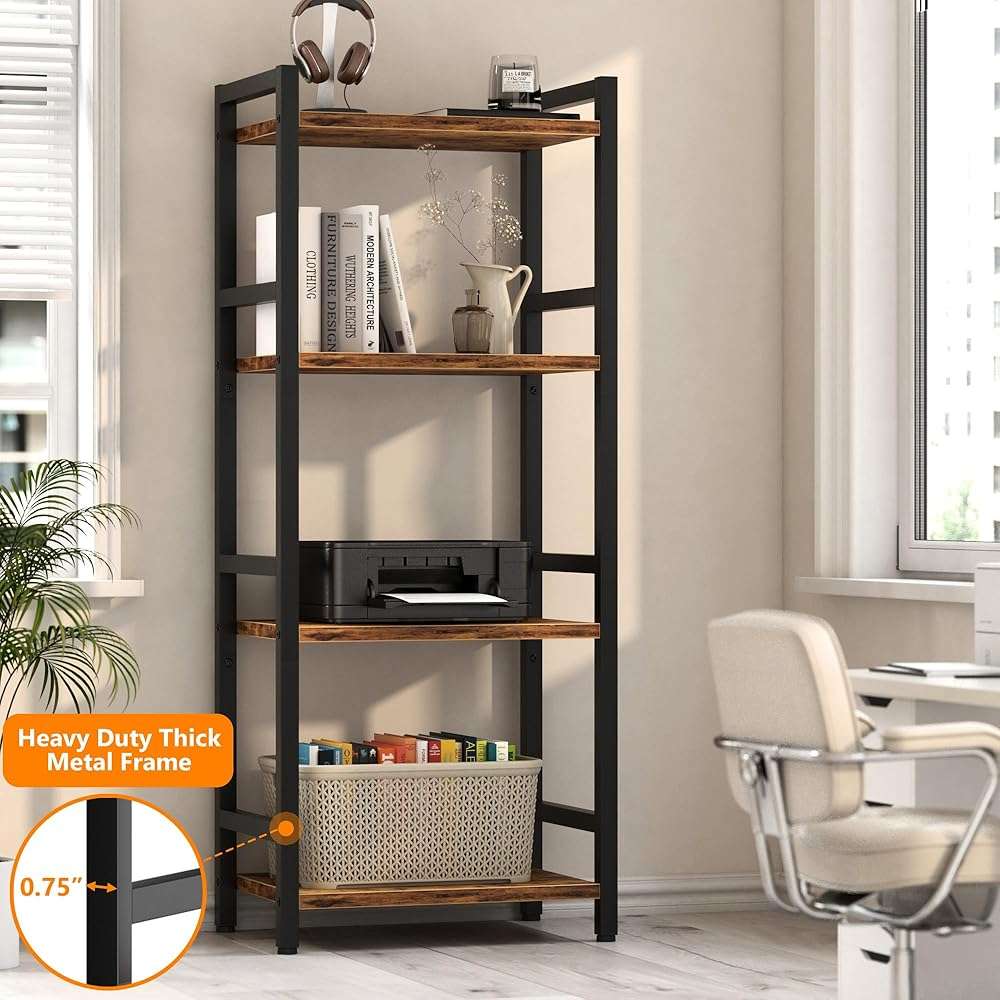 Book Shelf, 4 Tier Bookcase with Steel Frame, Stable Bookshelf Narrow Book Shelves Storage Organizer for Book CD Movie, Open Bookshelves for Living Room, Home Office, Study, Rustic Brown - Image 3