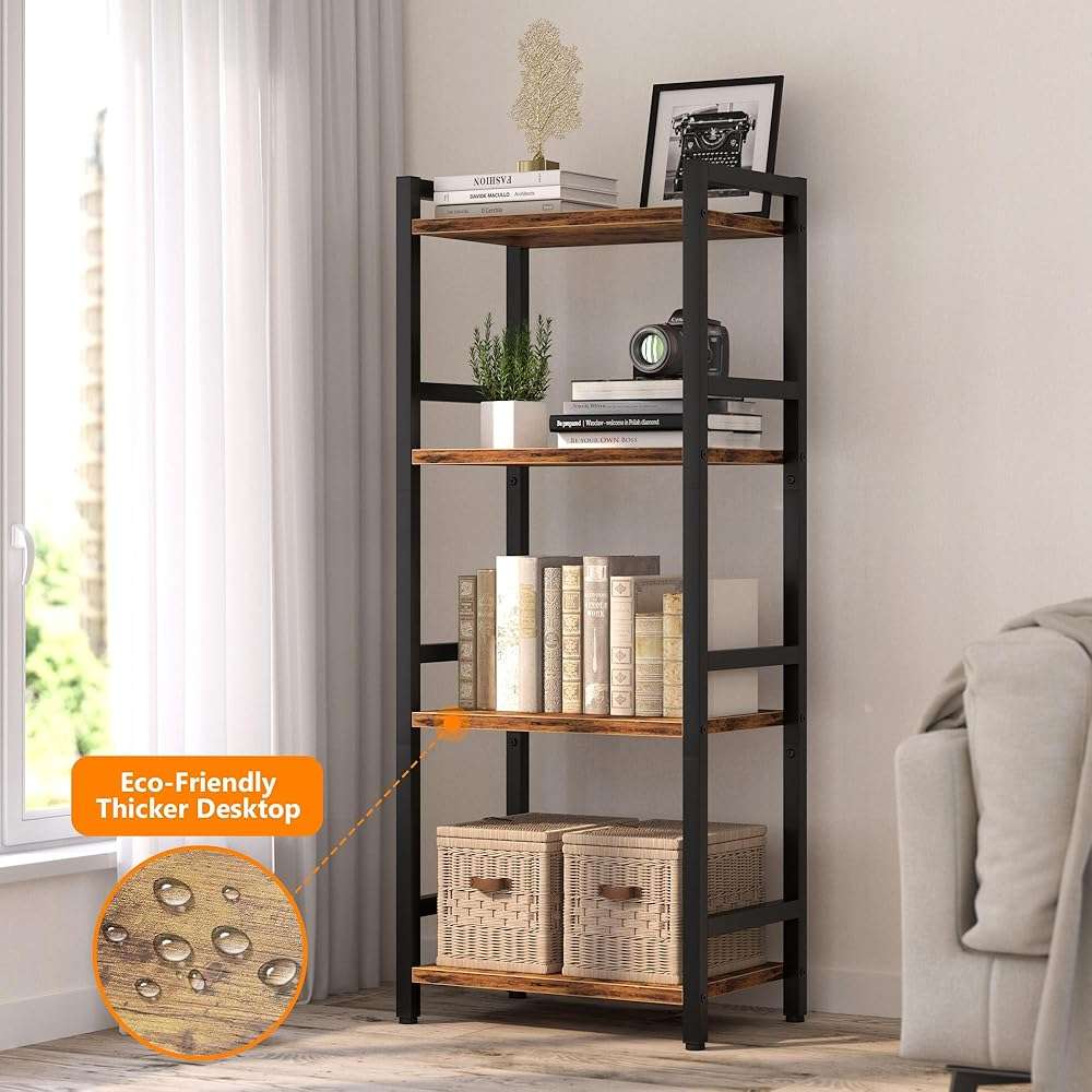 Book Shelf, 4 Tier Bookcase with Steel Frame, Stable Bookshelf Narrow Book Shelves Storage Organizer for Book CD Movie, Open Bookshelves for Living Room, Home Office, Study, Rustic Brown - Image 4