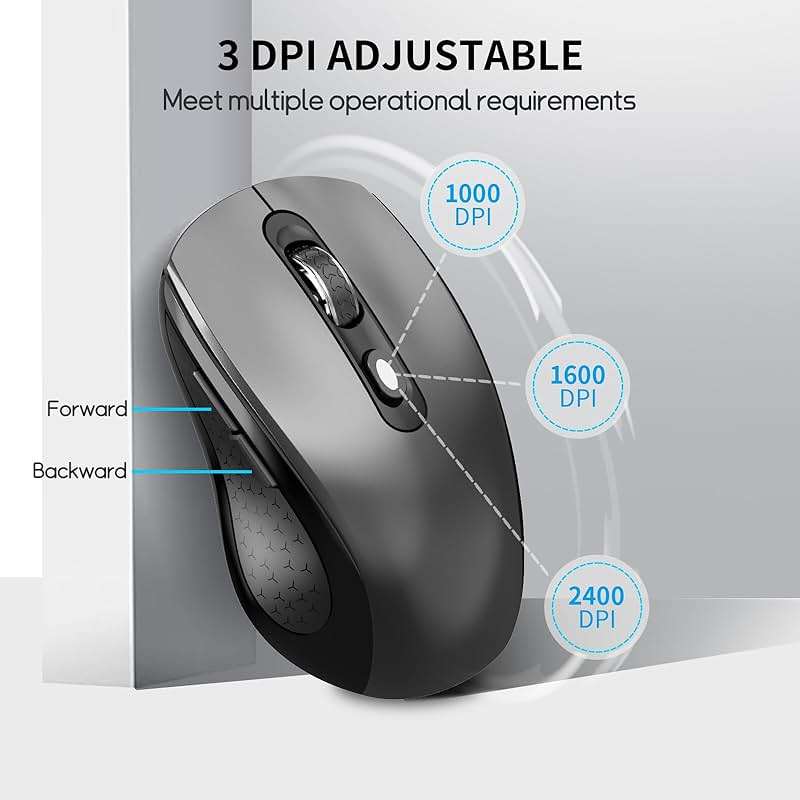 Wireless Mouse with Side Buttons, 2400 DPI, Anti Slip Scroll Wheel, Suitable for Laptops, PCs, Chromebook, Mac, MacBook, Mouse With USB Nano Receiver, 6-Button Wireless Computer Mouse - Gray - Image 3