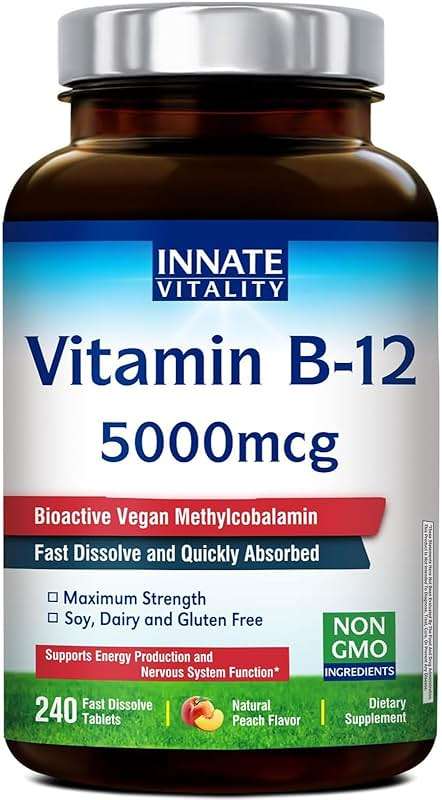 Innate Vitality Vitamin B12 5000mcg, Sublingual, Vegan Methylcobalamin, Fast Dissolve Tablets, Natural Peach Flavor, Supports Energy Production & Healthy Nervous System, 240 Tablets - Image 1