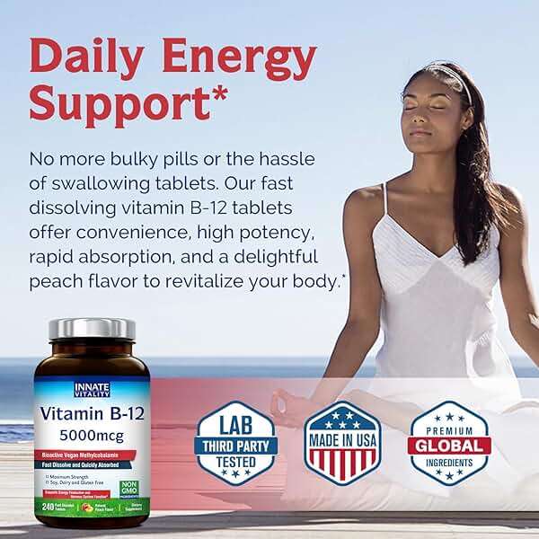 Innate Vitality Vitamin B12 5000mcg, Sublingual, Vegan Methylcobalamin, Fast Dissolve Tablets, Natural Peach Flavor, Supports Energy Production & Healthy Nervous System, 240 Tablets - Image 5