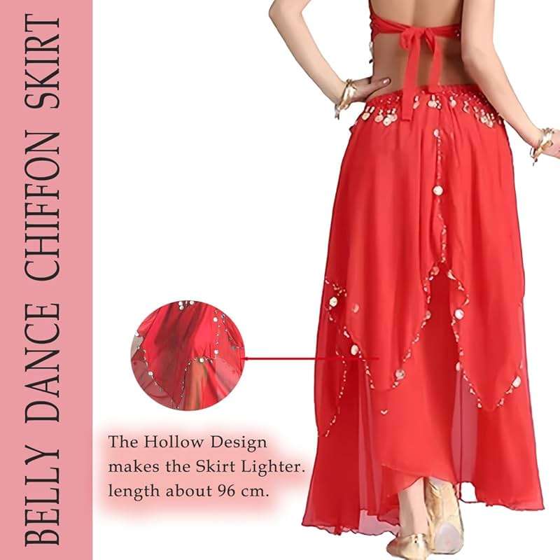 Tefrica Women's Chiffon Belly Dance Costume Skirts Indian Dance Skirt with Coins - Image 3