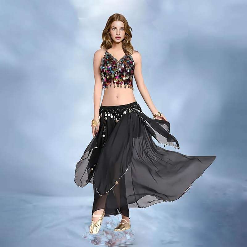 Tefrica Women's Chiffon Belly Dance Costume Skirts Indian Dance Skirt with Coins - Image 5