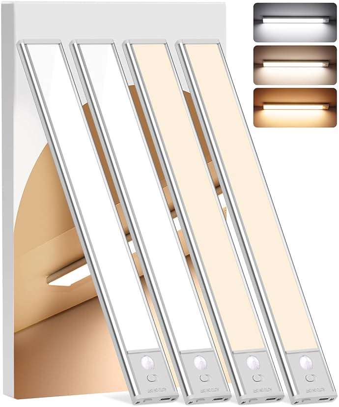 Under Cabinet Lighting Wireless, 4Pack Motion Sensor Light Indoor with 3 Color Temps, Dimmable Closet Lights Battery Operated, LED Magnetic Light, Rechargeable Under Counter Lights for Kitchen Home - Image 1