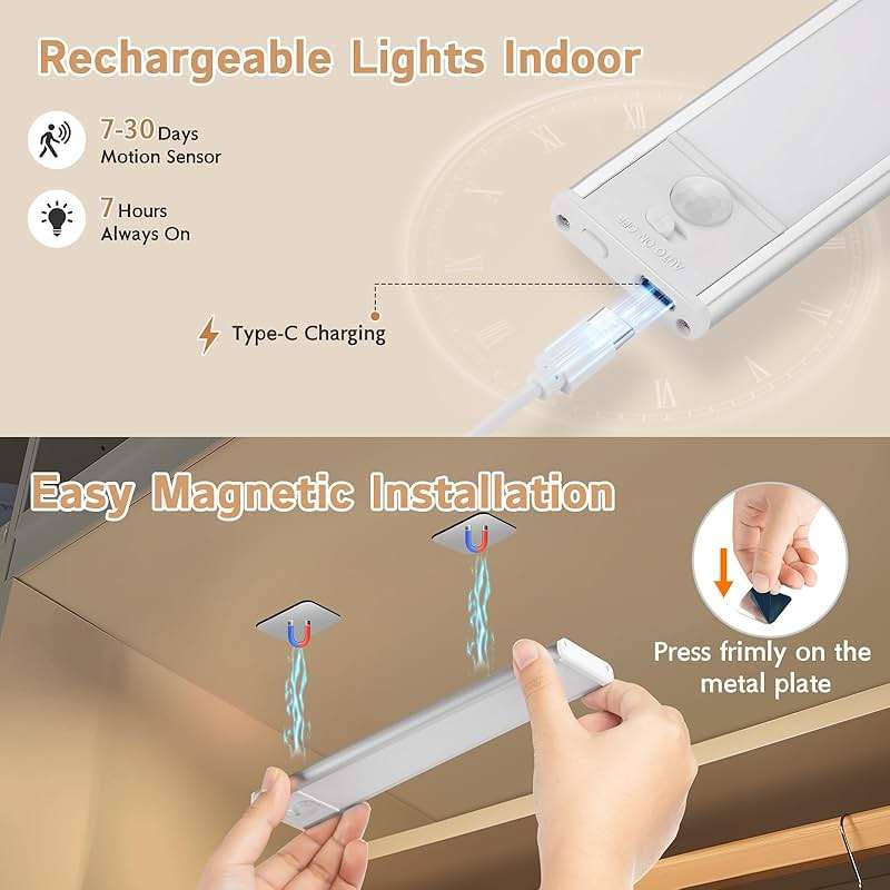 Under Cabinet Lighting Wireless, 4Pack Motion Sensor Light Indoor with 3 Color Temps, Dimmable Closet Lights Battery Operated, LED Magnetic Light, Rechargeable Under Counter Lights for Kitchen Home - Image 4