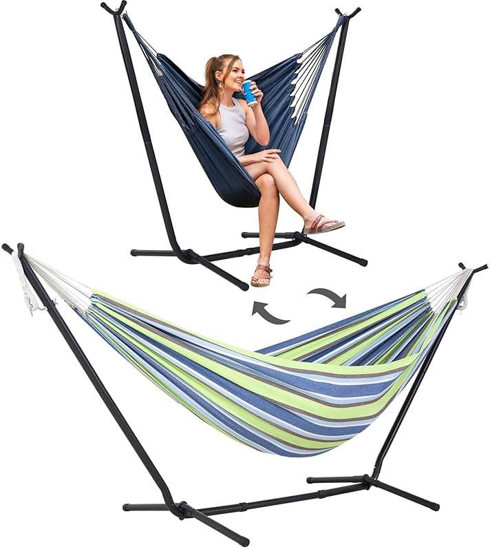 SUNCREAT 2-in-1 Convertible Backyard Fabric Hammock with Stand, Large Hammocks for Outside, Patent Pending, Light Green Stripes - Image 1