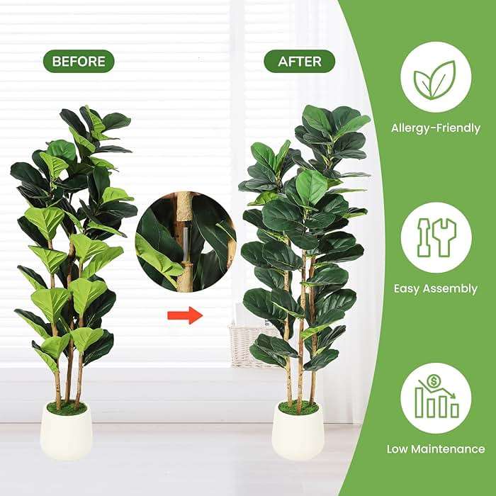 GarveeHome 5 ft Faux Fiddle Leaf Fig Tree with White Pot, Faux Trees with Artificial Plants 56 Fiddle Leaves Greenery - Lifelike Fake Tree for Home Office Store Room Decor Indoor Outdoor - Image 6