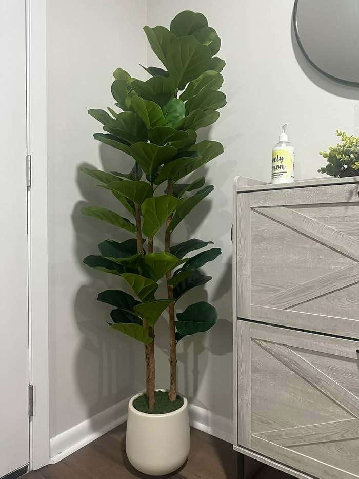 GarveeHome 5 ft Faux Fiddle Leaf Fig Tree with White Pot, Faux Trees with Artificial Plants 56 Fiddle Leaves Greenery - Lifelike Fake Tree for Home Office Store Room Decor Indoor Outdoor - Image 8