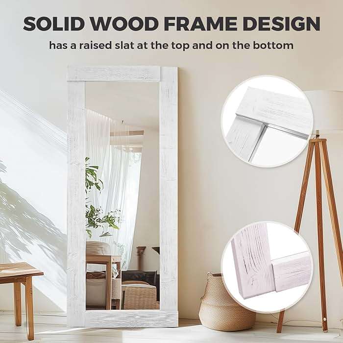 ABSWHLM Full Length Mirror 65"x24" – Solid Wood Frame, HD Tempered Glass, Wall Mounted & Leaning, Rustic Modern Decor for Bedroom, Living Room, Entryway, White - Image 4