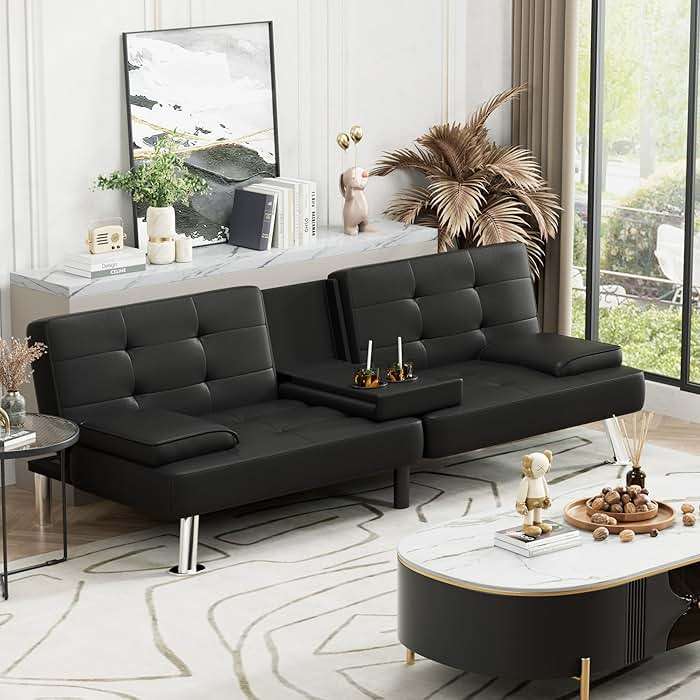 Homall Futon Sofa Bed, Leather Futon Couch with Removable Armrests, Adjustable Recliner Sleeper Sofa Bed with Dual Cup Holders for Living Room, Apartment, Office (Black) - Image 2