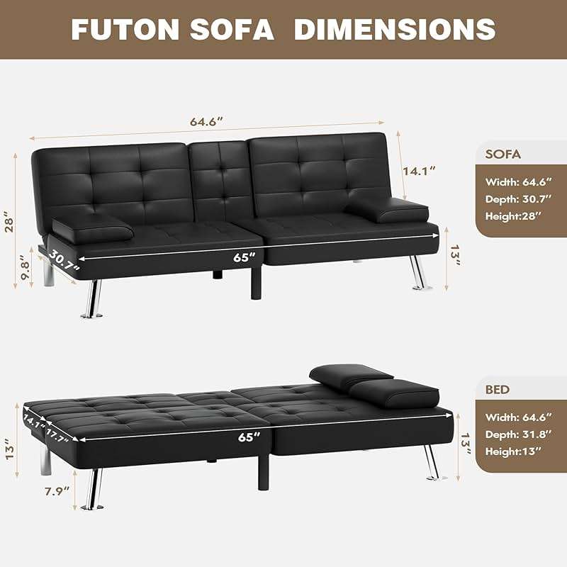 Homall Futon Sofa Bed, Leather Futon Couch with Removable Armrests, Adjustable Recliner Sleeper Sofa Bed with Dual Cup Holders for Living Room, Apartment, Office (Black) - Image 3