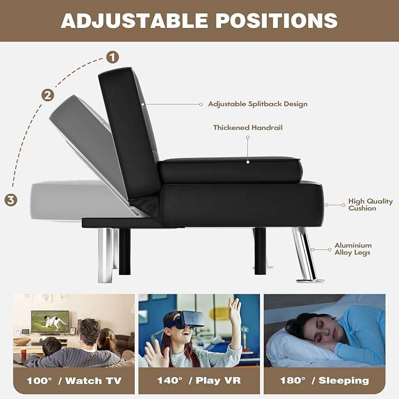 Homall Futon Sofa Bed, Leather Futon Couch with Removable Armrests, Adjustable Recliner Sleeper Sofa Bed with Dual Cup Holders for Living Room, Apartment, Office (Black) - Image 5