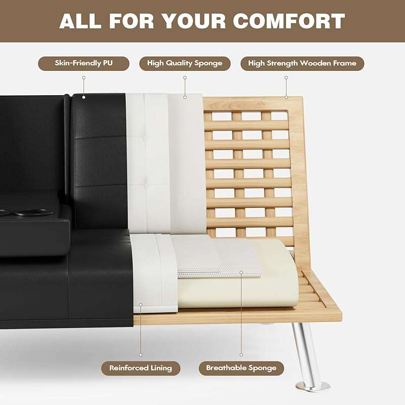Homall Futon Sofa Bed, Leather Futon Couch with Removable Armrests, Adjustable Recliner Sleeper Sofa Bed with Dual Cup Holders for Living Room, Apartment, Office (Black) - Image 6