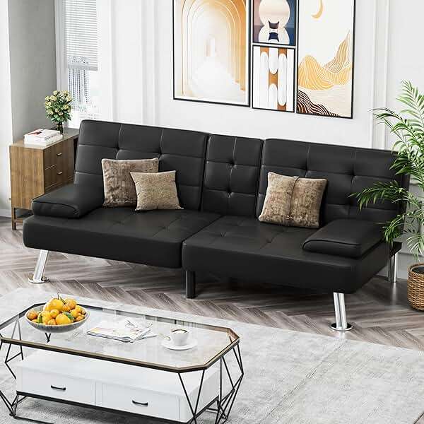 Homall Futon Sofa Bed, Leather Futon Couch with Removable Armrests, Adjustable Recliner Sleeper Sofa Bed with Dual Cup Holders for Living Room, Apartment, Office (Black) - Image 7