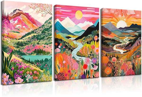 3Pcs Colorful Watercolor Mountain Canvas Wall Art Boho Floral Painting Picture Wall Decor Abstract Nature Landscape Poster Print Artwork for Living Room Bedroom Bathroom Office Home Decoration 12x16in - Image 1