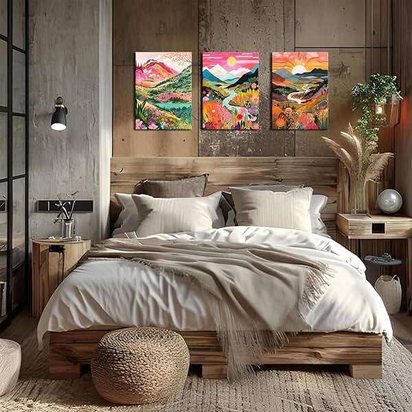 3Pcs Colorful Watercolor Mountain Canvas Wall Art Boho Floral Painting Picture Wall Decor Abstract Nature Landscape Poster Print Artwork for Living Room Bedroom Bathroom Office Home Decoration 12x16in - Image 2