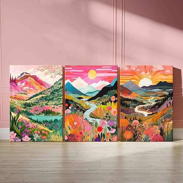 3Pcs Colorful Watercolor Mountain Canvas Wall Art Boho Floral Painting Picture Wall Decor Abstract Nature Landscape Poster Print Artwork for Living Room Bedroom Bathroom Office Home Decoration 12x16in - Image 3