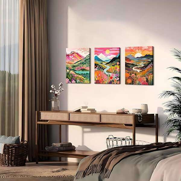 3Pcs Colorful Watercolor Mountain Canvas Wall Art Boho Floral Painting Picture Wall Decor Abstract Nature Landscape Poster Print Artwork for Living Room Bedroom Bathroom Office Home Decoration 12x16in - Image 5