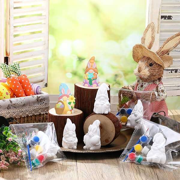 Foilswirl 8 Pcs Easter Gnome Ceramics to Paint Ready to Paint Your Own Ceramic Gnome Statues Easter DIY Unpainted Ceramics Paintable Figurines Kit Crafts with Brush Palette - Image 3