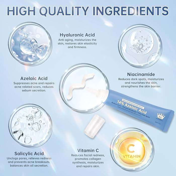Azelaic Acid 14% Acne Cream for Redness Relief, Dark Spots, Facial Serum with Niacinamide & Vitamin C Prevent Acne Breakouts, Azelaic Acid Serum for Balance Excess Sebum & Soothe Irritation, 1 Oz. - Image 3