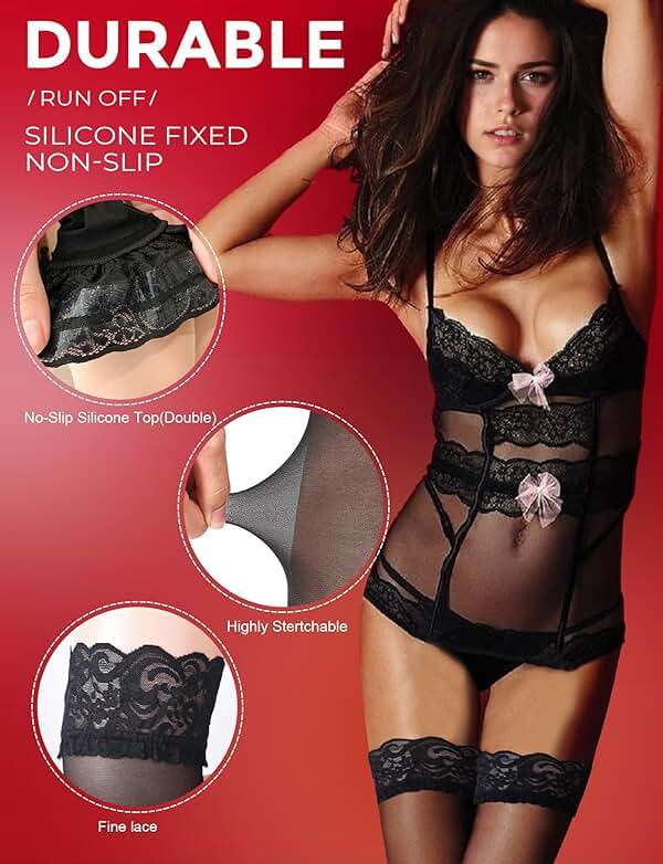 Buauty Black Thigh High Stockings for Women – Lace Top Sexy Thigh Highs Pantyhose, Plus Size Sheer Black Tights - Image 2