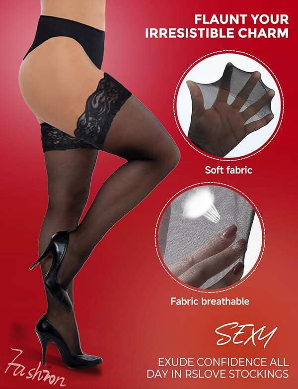 Buauty Black Thigh High Stockings for Women – Lace Top Sexy Thigh Highs Pantyhose, Plus Size Sheer Black Tights - Image 3