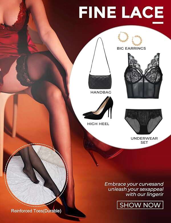 Buauty Black Thigh High Stockings for Women – Lace Top Sexy Thigh Highs Pantyhose, Plus Size Sheer Black Tights - Image 4