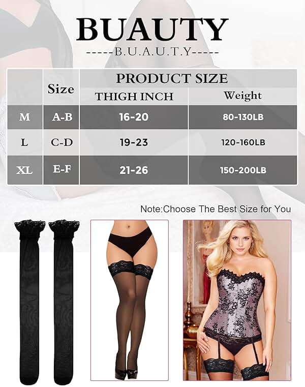 Buauty Black Thigh High Stockings for Women – Lace Top Sexy Thigh Highs Pantyhose, Plus Size Sheer Black Tights - Image 5