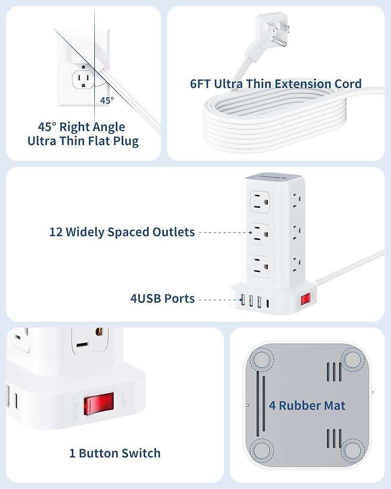 Extension Cord with Multiple Outlets, SMALLRT Flat Plug Surge Protector Power Strip Tower with USB 12 AC Outlets, 6.5FT Ultra Thin Extension Cord Outlet Extender for Home Office, Overload Protection - Image 3