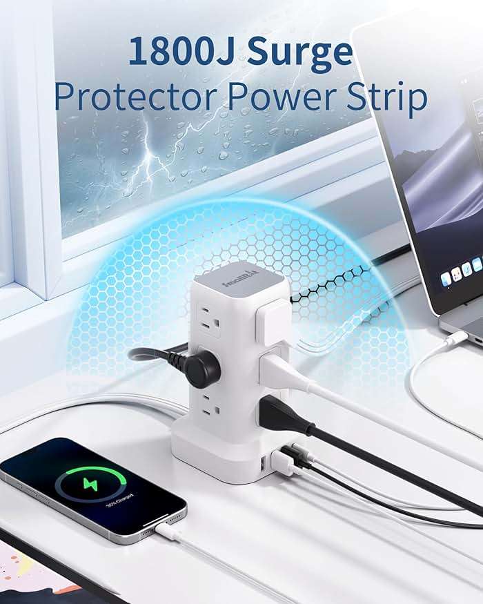 Extension Cord with Multiple Outlets, SMALLRT Flat Plug Surge Protector Power Strip Tower with USB 12 AC Outlets, 6.5FT Ultra Thin Extension Cord Outlet Extender for Home Office, Overload Protection - Image 4