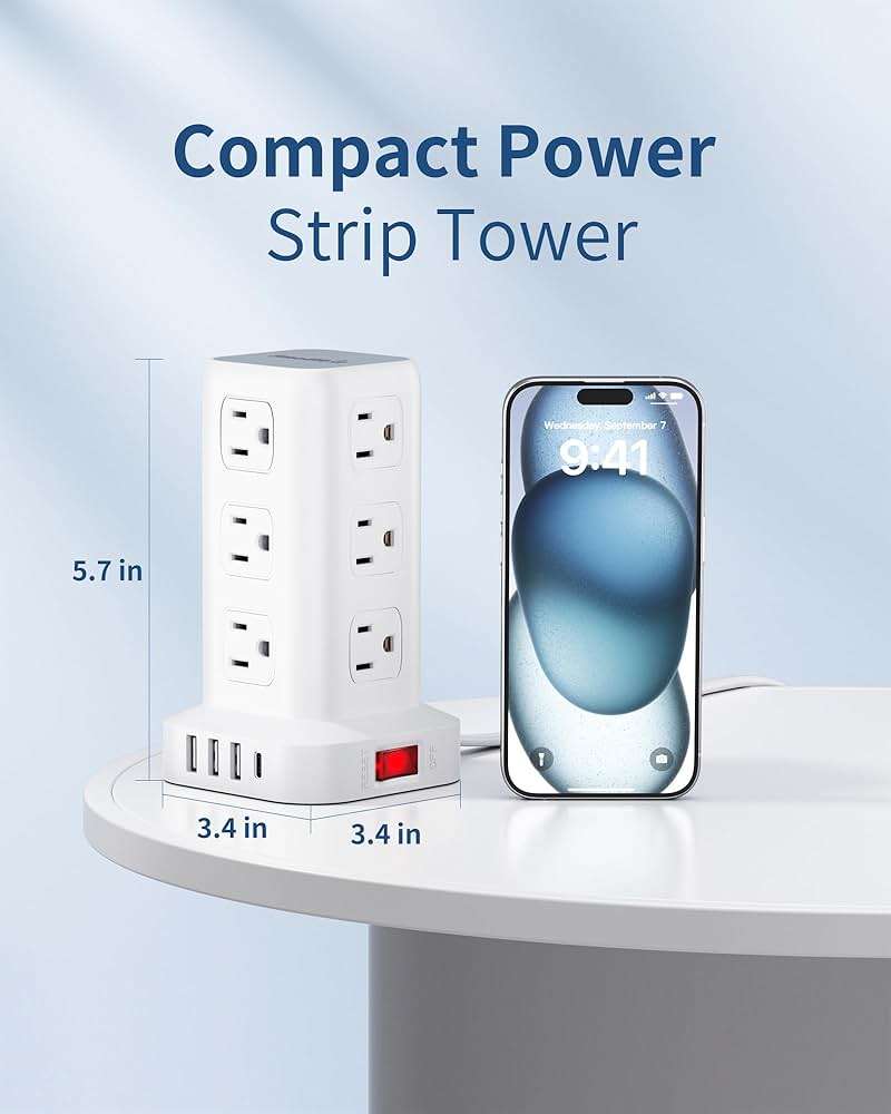Extension Cord with Multiple Outlets, SMALLRT Flat Plug Surge Protector Power Strip Tower with USB 12 AC Outlets, 6.5FT Ultra Thin Extension Cord Outlet Extender for Home Office, Overload Protection - Image 6