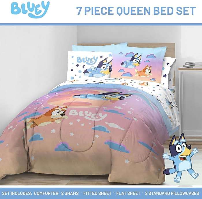 Jay Franco Bluey & Bingo Queen Comforter Set - 7 Piece Bedding Includes Sheet Set & Pillow Covers - Super Clouds & Stars Cozy Bedding - Image 2