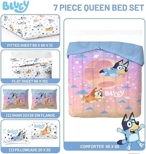 Jay Franco Bluey & Bingo Queen Comforter Set - 7 Piece Bedding Includes Sheet Set & Pillow Covers - Super Clouds & Stars Cozy Bedding - Image 3