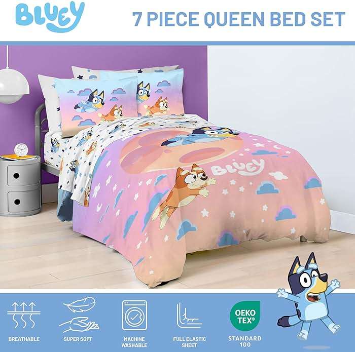 Jay Franco Bluey & Bingo Queen Comforter Set - 7 Piece Bedding Includes Sheet Set & Pillow Covers - Super Clouds & Stars Cozy Bedding - Image 4
