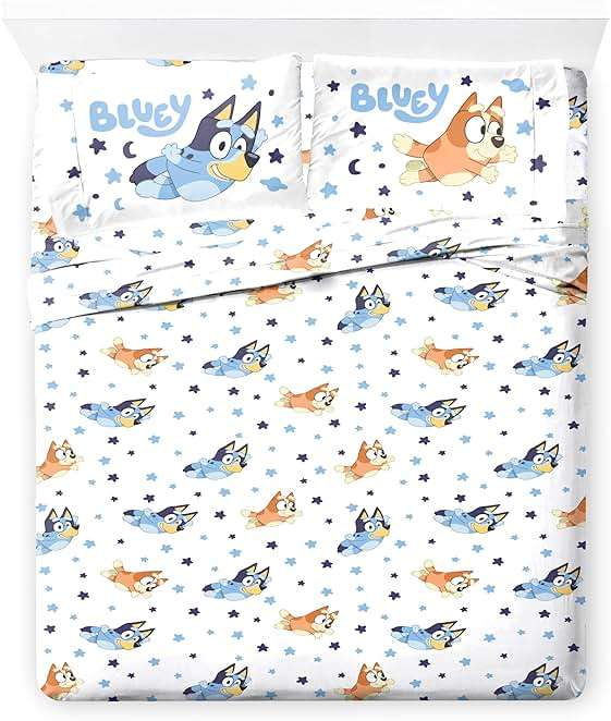 Jay Franco Bluey & Bingo Queen Comforter Set - 7 Piece Bedding Includes Sheet Set & Pillow Covers - Super Clouds & Stars Cozy Bedding - Image 6