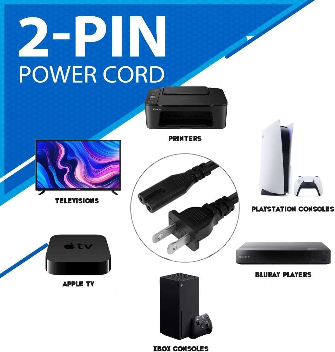 10ft Prong Power Cord for Sony PS5, PlayStation 5, Xbox One S/X Series X/S - Image 2