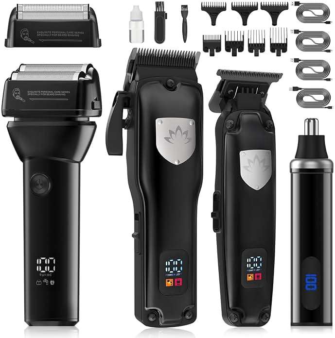 Dumite 4 in 1 Hair Clippers for Men, Professional T-Blade Trimmer, Electric Foil Shaver, Nose Hair Trimmer, Cordless, LCD Display, Grooming Kit(Black) - Image 1