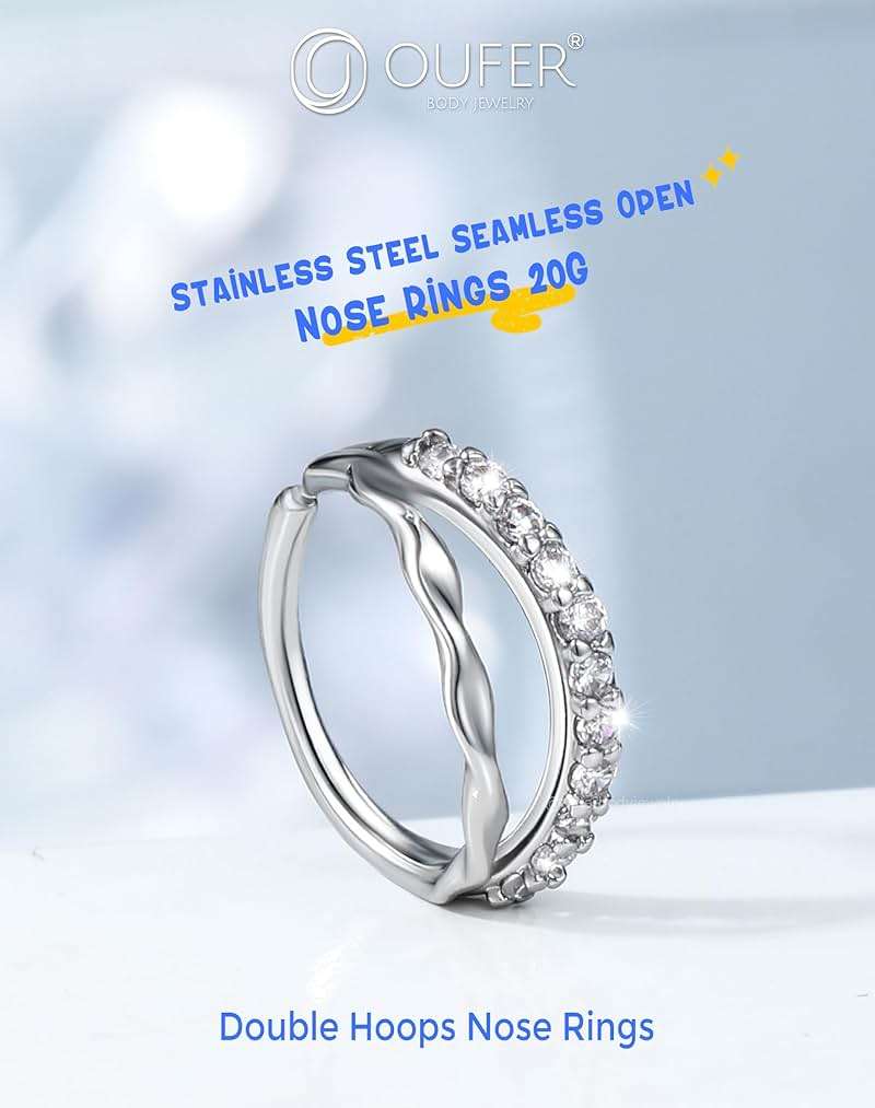 OUFER Nose Rings Silver, 20G Double Hoop 8MM Nose Rings, Seamless Stainless Steel Rook Daith Piercing Jewelry for Women & Men - Image 2
